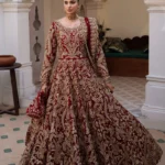 Maroon Katan Silk Gown with Handcrafted Gold Embroidery