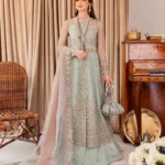 Aqua Blue Embellished Gown Shirt with Organza Lehenga