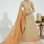 Golden Open-Style Pishwas Frock with Lehenga