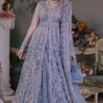 Silver Mist Open-Style Pakistani Gown with Raw Silk Trousers