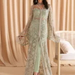 Mint Green Front-Open Pakistani Gown with Embroidered Trousers