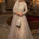 Light Golden Handcrafted Pishwas with Embroidered Net Dupatta