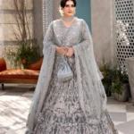 Soft Blue Satin Bridal Gown with Hand-Embroidered Net Dupatta