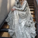 Off-White Floral Net Bridal Gown with Pearl & Kundun Embellishment