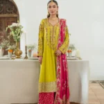 Heavily Embellished Kalidaar with Jamawar Skirt & Hot Pink Floral Dupatta