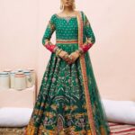 Vibrant Green Printed Bridal Gown with Floral Border Dupatta