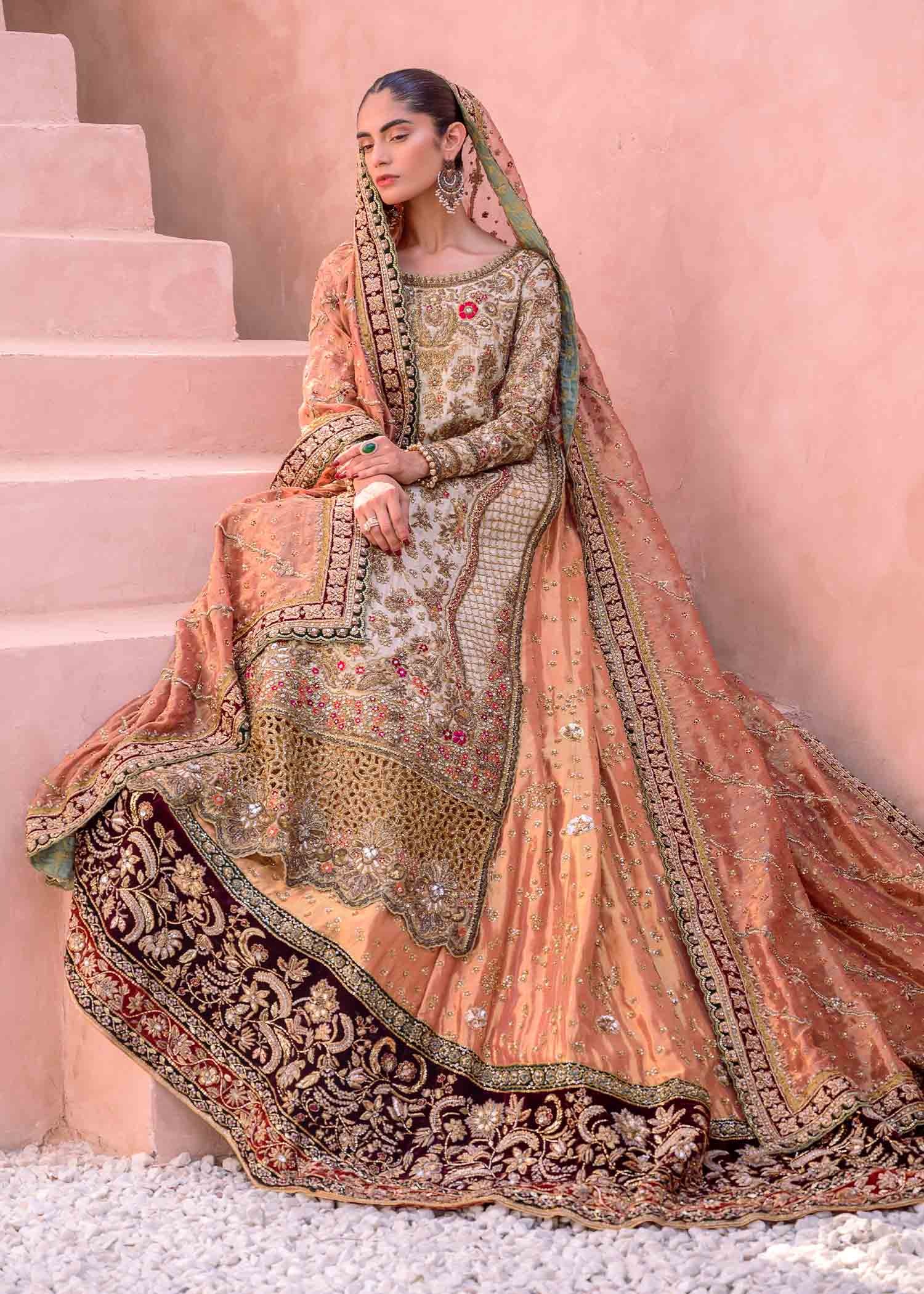 Peach and Maroon Embellished Lehenga Set with Ivory Coat