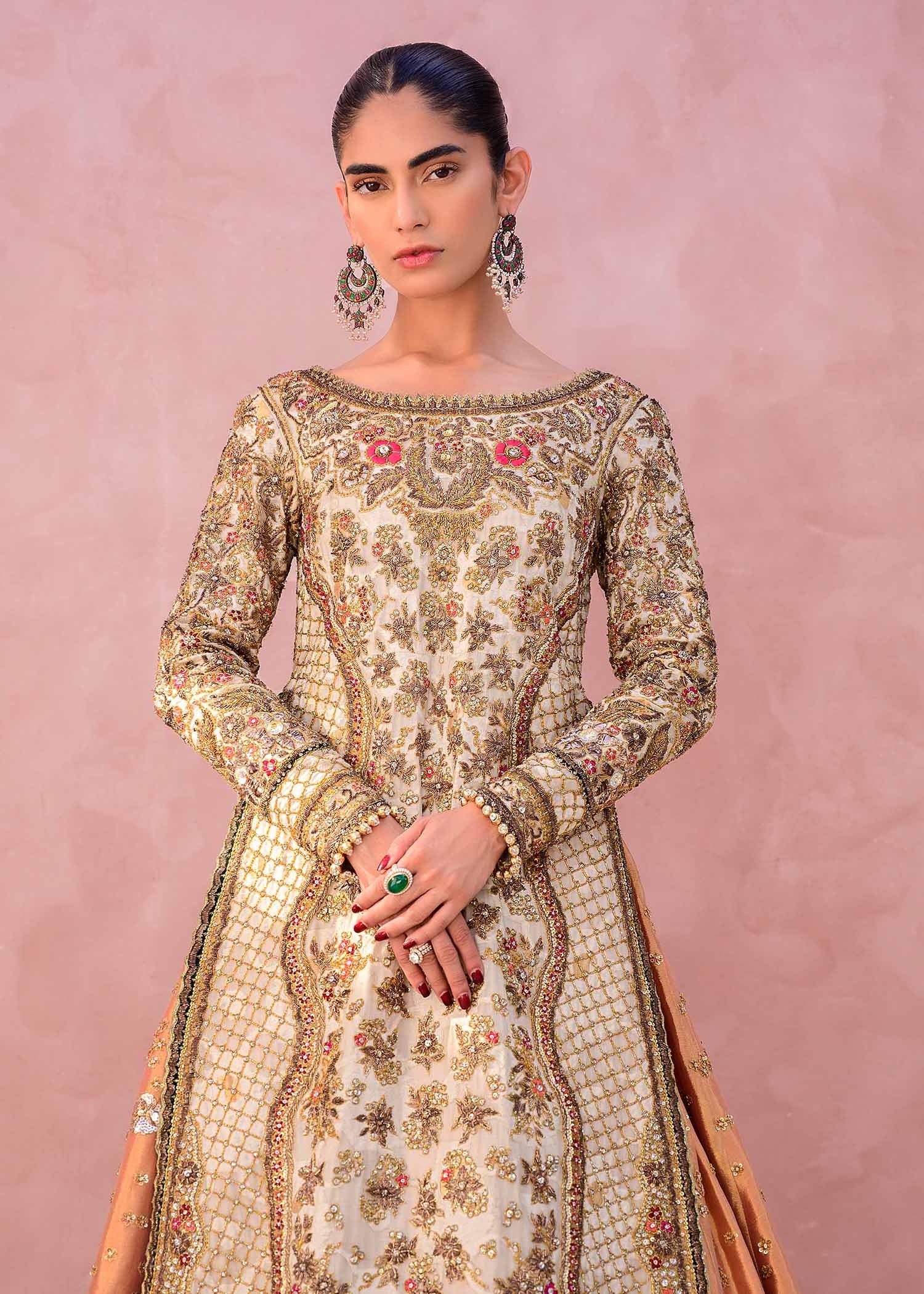 Peach and Maroon Embellished Lehenga Set with Ivory Coat - Image 2