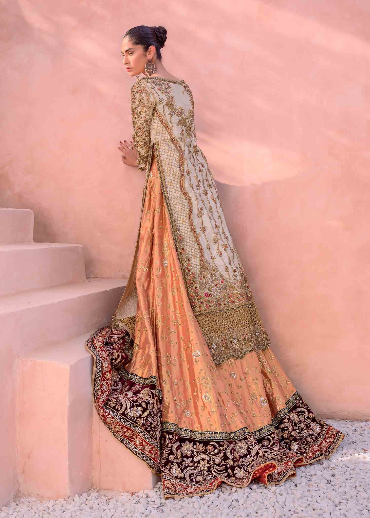 Peach and Maroon Embellished Lehenga Set with Ivory Coat - Image 3