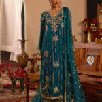 Emerald Elegance Embroidered Katan Ensemble with Sheer Dupatta